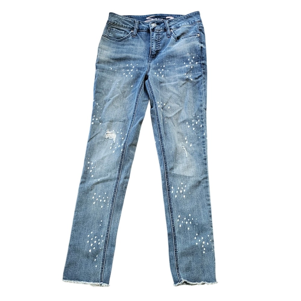 Seven7 High Rise Slim Straight‎ Jeans Size 4 Distressed Paint Splatter